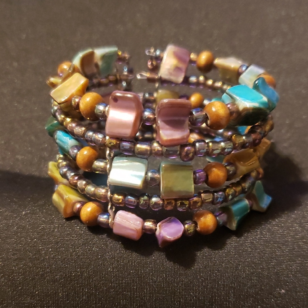 Colorful Dyed Shells/Beaded Cuff Bracelet